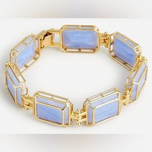 J CREW Misty Blue Lace Agate Square Marble Station Gold Plated Brass Bracelet